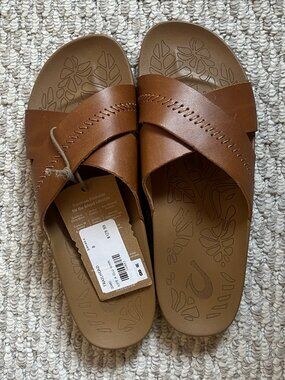 NEW OluKai Kipe'a 'Olu Leather Slides - Brown "Sahara" - Women's 8